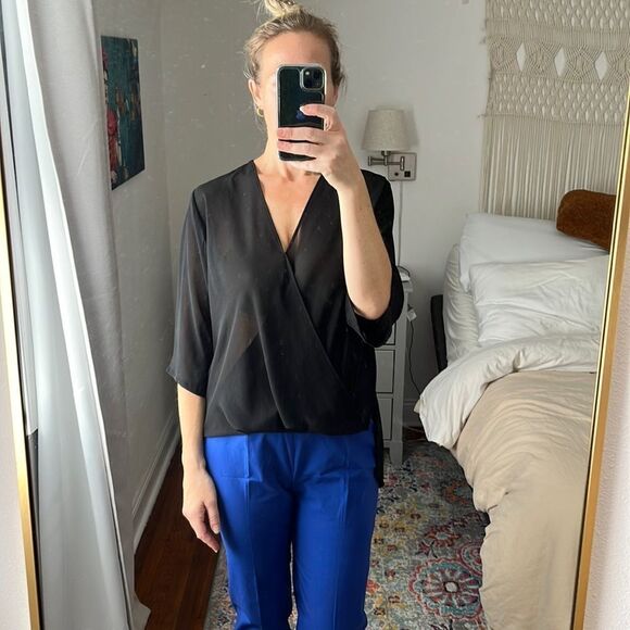 Wayf Blouson Black V-Neck Sheer‎ Blouse Size Medium - Picture 1 of 7